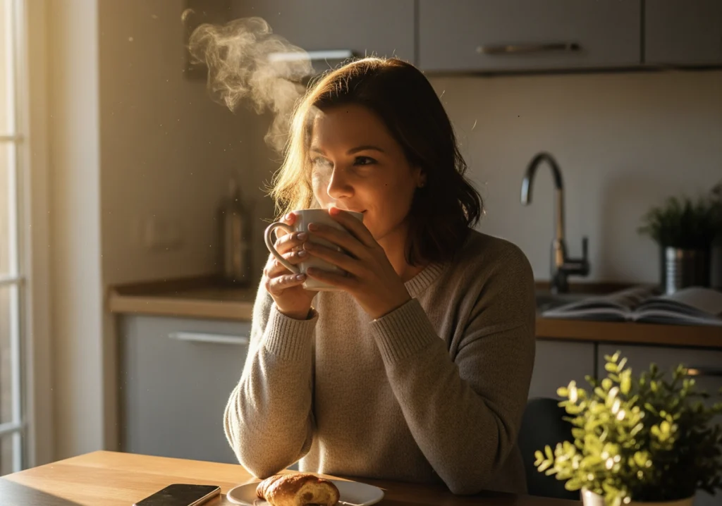 Mujer disfrutando de un café en una cocina iluminada por el sol al amanecer.