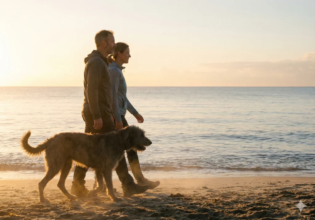 Una pareja vestida con ropa casual camina tranquilamente por la orilla de la playa al atardecer junto a su perro grande y peludo. La luz cálida del sol ilumina el mar en calma y la arena de fondo.