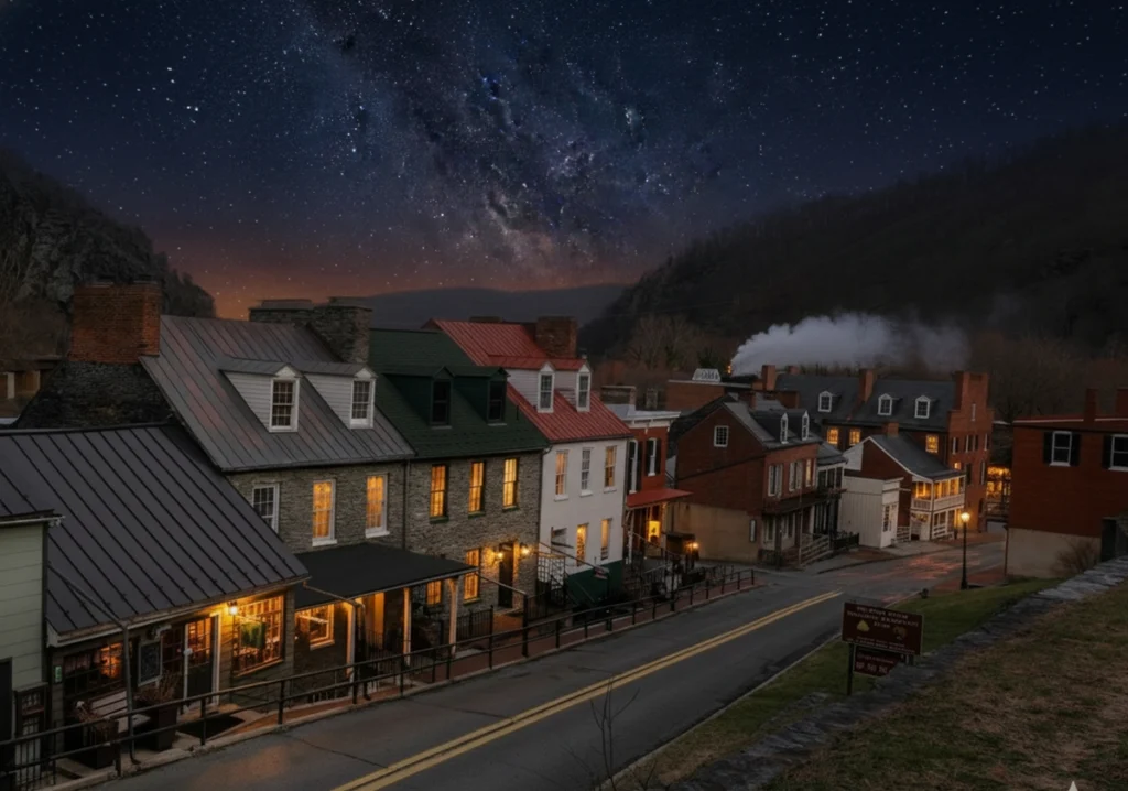 Tranquilo pueblo en la montaña al atardecer, pasa un tren.