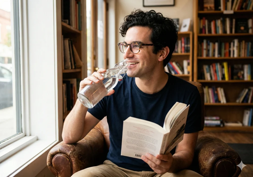 Hombre lee un libro y toma una botella de agua.