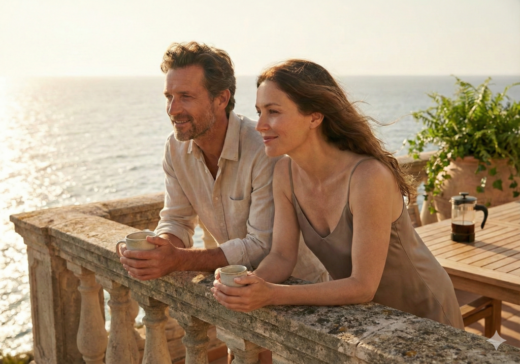 Pareja mirando el oceano desde una terraza al sol.